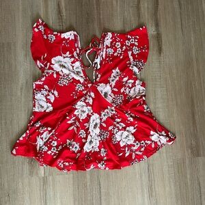 Y2K Core floral red top vibrant fairy core women’s top size m flutter sleeves